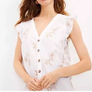 Loft Floral Embroidered Ruffle Button Top NEW